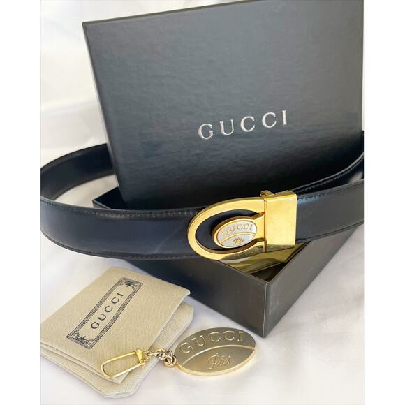 GUCCI Leather Belt Key Chain Vintage Logo Plate Silver Gold Unisex 36\